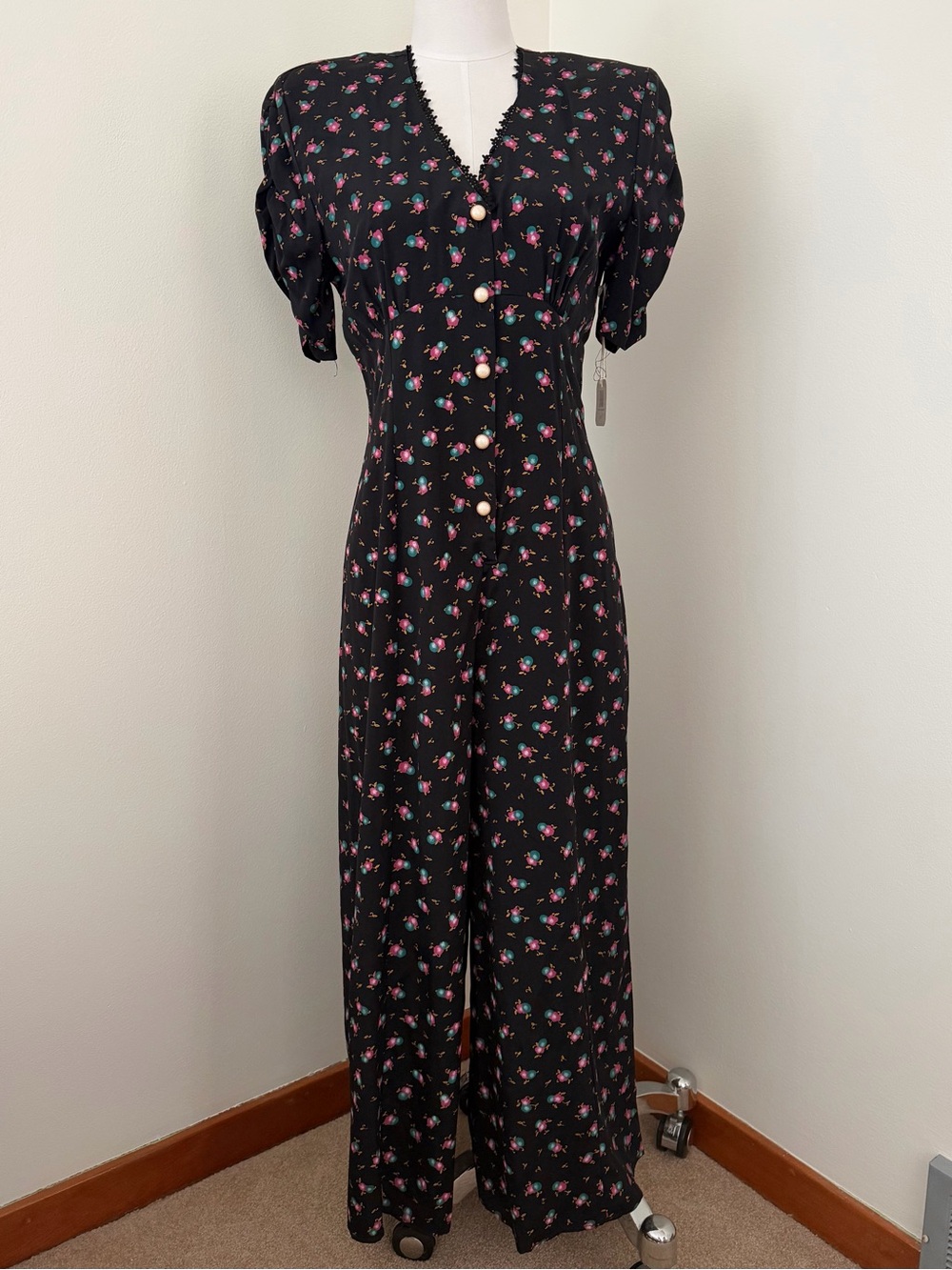 Vintage 80s Women’s Black Floral Jumpsuit with Button Front